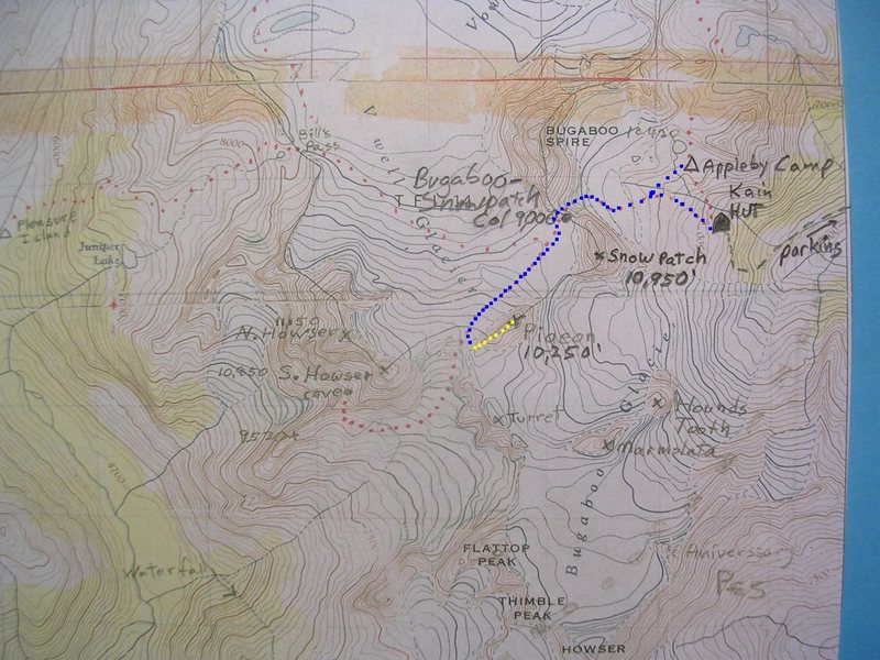 West Ridge, Pigeon Spire<br>
contour interval : 100 feet<br>
<br>
Blue - Bugaboo-Snowpatch Approach<br>
Yellow - Rock climbing section to summit 
