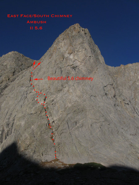 An overview photo of the general route of the East Chimney/South Face of Ambush Peak