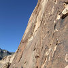 Great view of Levitation 29. The leader just passed the crux on pitch 2.