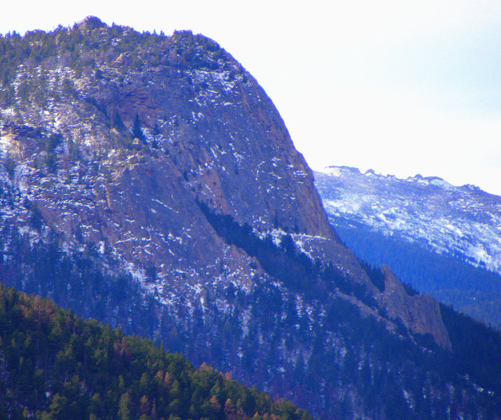 Enticing view of Nun Buttress seen from Lumpy Ridge. Route follows the L side of the arete. 