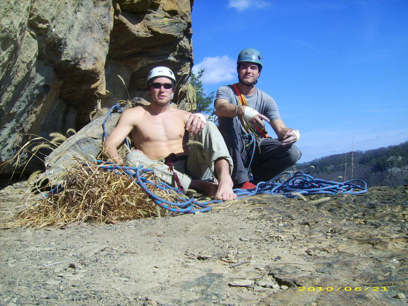 Belay ledge after pitch 2.  It is an amazing view from this ledge.  There are massive chain anchors for belaying.