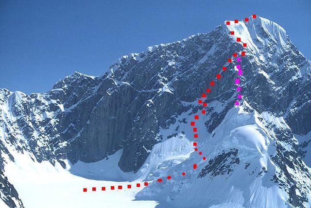 West Face Couloir, Mount Huntington<br>
Photo by MP contributor George Bell<br>
<br>
Red - West Face Couloir<br>
Purple - Harvard Route