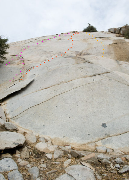 Kernville Rock Topo<br>
Pink: Bugging Around (5.8 R)<br>
Red: Dirty Dishes (5.7)<br>
Orange: Clouds (5.7 R)
