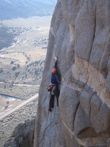 Making the crux clip on the second pitch.