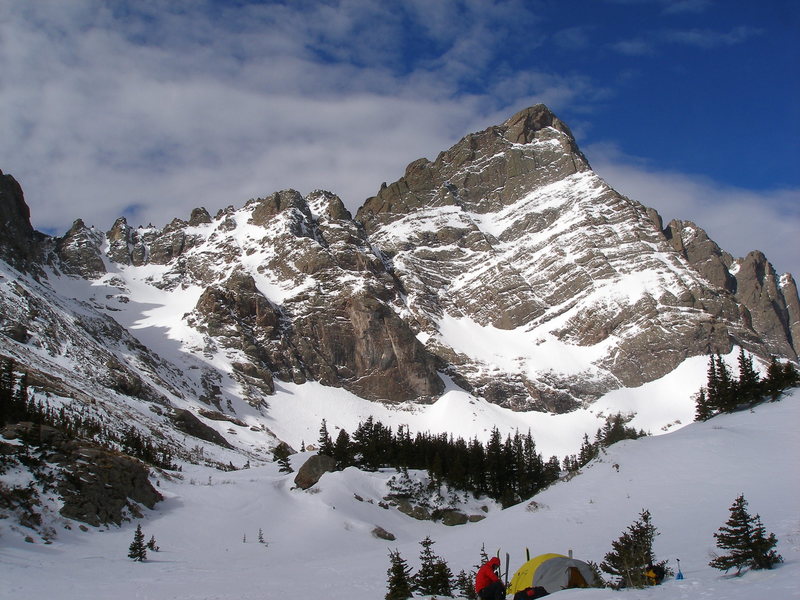 Crestone Needle in Feb 2009.  Our route goes up the left couloir.