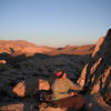 Agina belaying in the alpenglow.