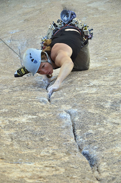 Casey starting the crux on Hot Rocks