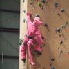 Earth Treks, Timonium Maryland. Halloween party. Lucy Ann Clark climbing in Pink Panther costume. 