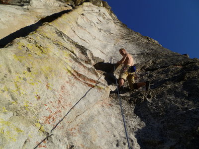 Karsten makes his way to the first bolt on Boot Hill.  No boots required. (Ok, maybe a small pair.)