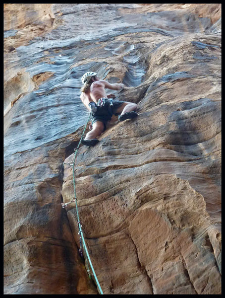 Sewing it up, just past the steep heuco of Mannish Boy.  Photo by D. Bloom.