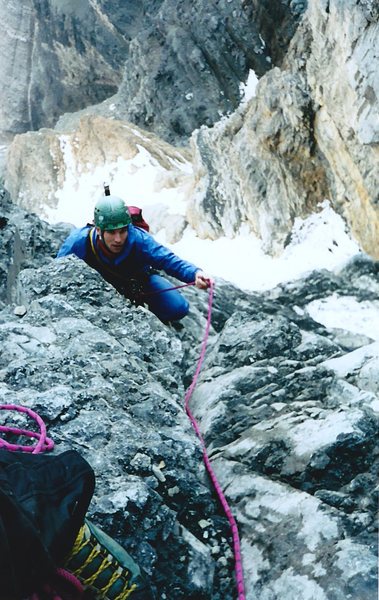 Approaching the belay at the end of the wet chimney pitch.