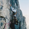 The crux lead begins with a short traverse right.