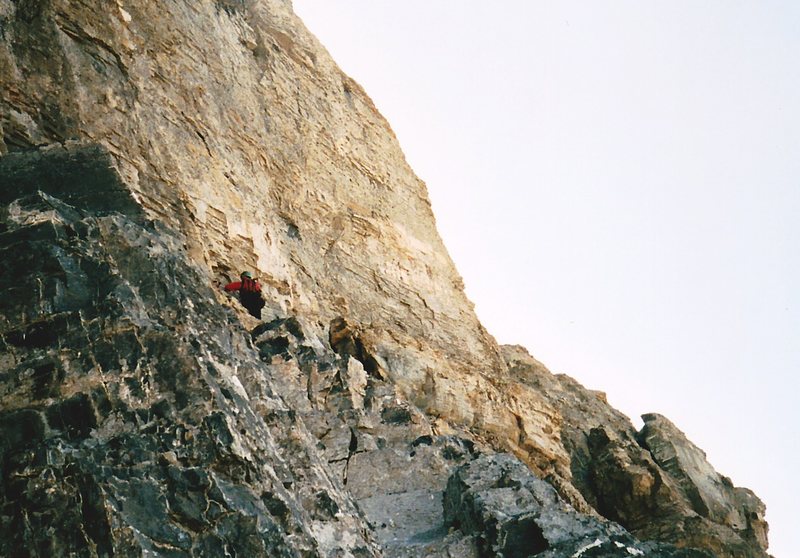 Mike setting up the belay at the Thank God Ledge below the impregnable headwall.