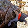 Fishing for the heel hook on the first ascent....