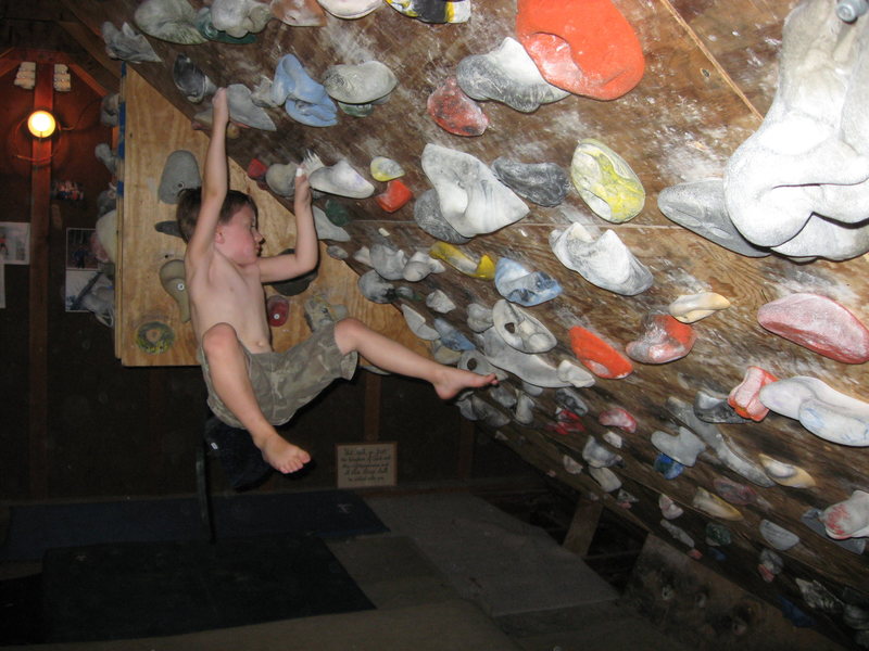 My son bouldering at home.