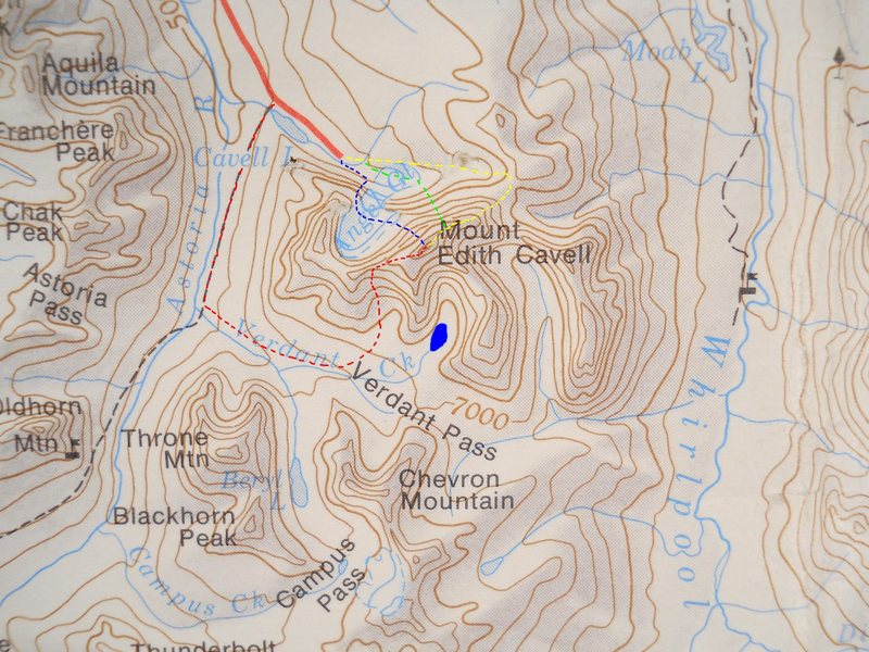 Mount Edith Cavell<br>
contour interval:  500 feet<br>
Northwest on map is true North<br>
<br>
Red - West Ridge<br>
Yellow - East Ridge<br>
Green - North Face, East Summit<br>
Blue - North Face, Main Summit