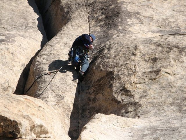 Second pro placement. Note: I should have placed my long sling here, not where I have it on the first piece. I had rope drag due to no sling on this second piece, because the route goes back over to the left.