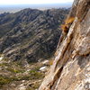 Dr. Thompson on the crux pitch of Elephantiasis.  Mendoza Canyon.  