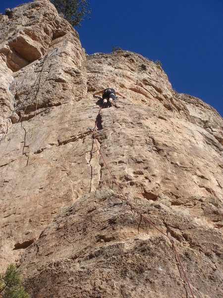 Nan leading Lamont's Period.  Sorry, not a very good climbing pic, but it shows the route well.