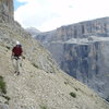 Walk along this ledge across the entire face of the mountain to get off (it becomes a path without scree).