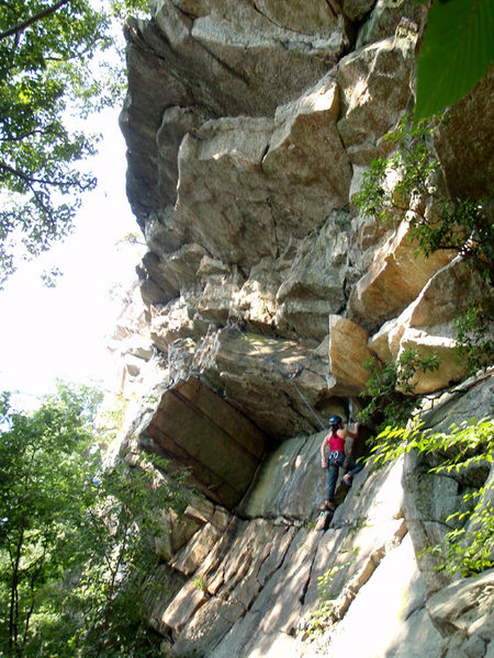 Approaching the p1 crux on Le Plie, August 2009.