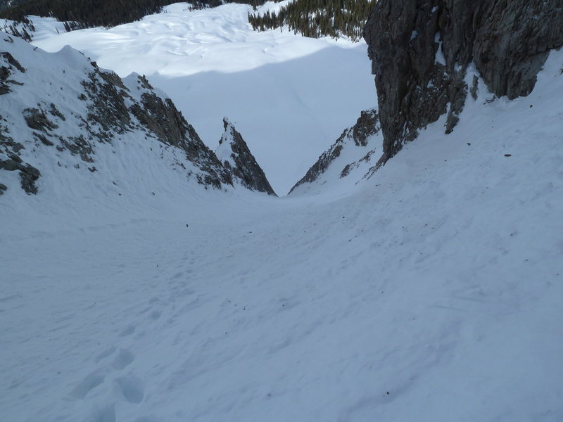 After the rock section we traversed into an adjacent couloir that we thought offered a more direct snow route to the summit ridge.  It cliffs out below, so you can't enter it from the base without climbing close to 100' of seriously loose vertical rock.