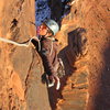 Matt on the final few moves of Infared with Dolomite below.