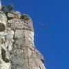 Trundeling from the top of Poncho.  This football-sized block pulled on lead, from below the anchor, but landed on the anchor ledge.<br>
<br>
Photo by Dave Wayne.