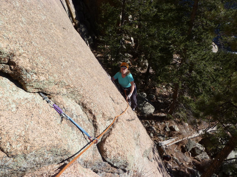 About to enter the crux after unclipping the bolt.