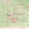 Map of Big Rock Candy Mountain.<br>
<br>
Blue - steep road from Turkey Rock climber's access road.  <br>
<br>
Yellow - approach with shortcut?<br>
<br>
Green - Childhood's End.<br>
<br>
Green/red arrow- 45 meter rappel.<br>
<br>
Red - back to access road.<br>
