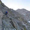 Climbing the last pitch to the summit of The Saber during an ascent of Prise de Fer on 1/29/11.  Photo by Andy Grauch.