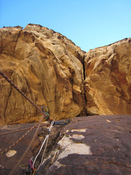 the right most of two cracks in the huge roof at p8 belay