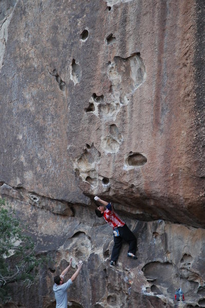 Reaching for holds over the "low" roof