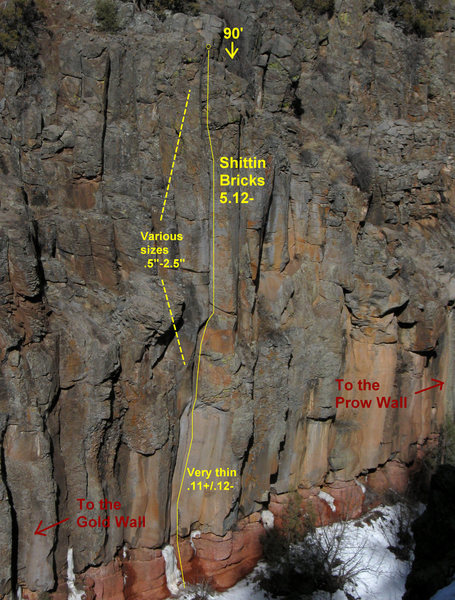 Shittin Bricks takes THE line to the top on this otherwise scruffy section of cliff.  90' of really good climbing.