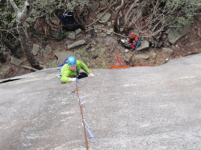 Local Greenville climber Rob Rogers coming up the stellar P1 of Caught Up in The Air