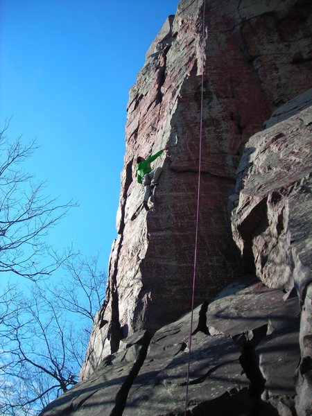 Best 5.9 in DLSTP if you ask me.  It was catching great sun and was dry and warm on Feb. 19th, 2011.  No drippies.  Jon J. past the first crux.  