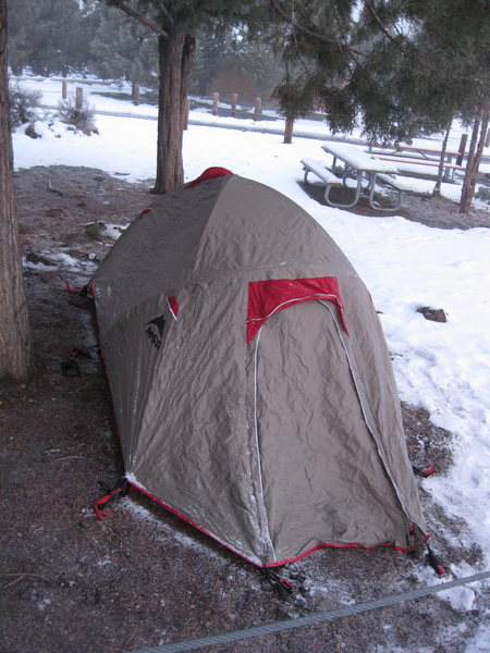 Tent in the snow after the first route