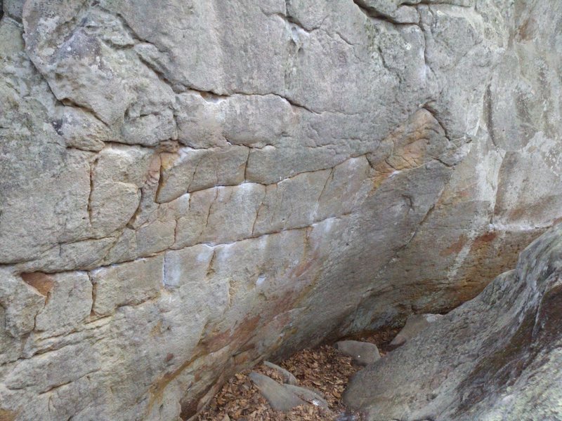 S face of the Mystery Machine boulder.  "I Think I Can" climbs the left set of holds. 