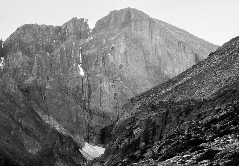 The east face of Longs Peak<br>
aka:"THE DIAMOND"<br>
Photo: Olaf Mitchell<br>
