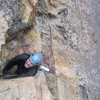 Kevin P. coming out the roof to pitch two. <br>
<br>
Super fun moves coming through the short but burly roof; improbable-looking and exciting!