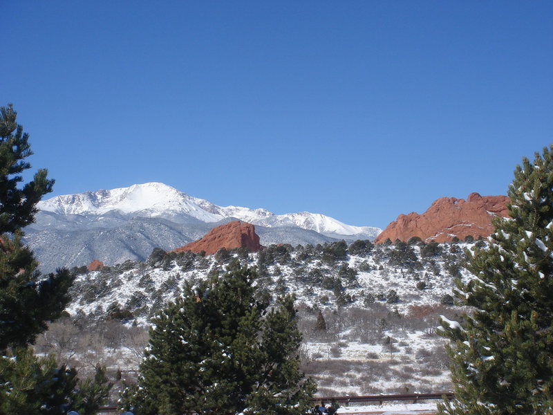 Pikes Peak and sandstone from the visitor's center, Garden of the Gods.