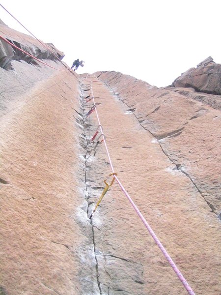 Lowering down after a clean send of M&Ms.  Lots of small gear as you can see.<br>
<br>
The rope on the left is hanging down on George and Martha's.  Friends were running laps on it when they talked me into leading M&Ms!