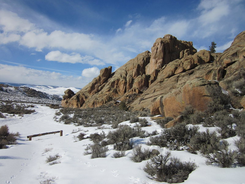 A winter view of the wall from the Tiger Wall area. The Rock N' Roll wall is the steepest tallest wall in the photo that sticks out. 