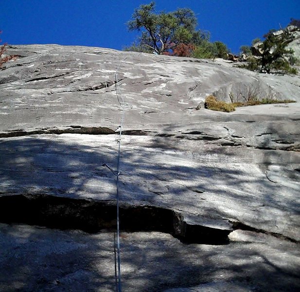 Hard to miss on approach due to all the bolts. View from the base, only missing a bit of the start and the stuff over the horizon. Bolts look like they are right on top of each other from the ground but it feels reasonable when climbing. 