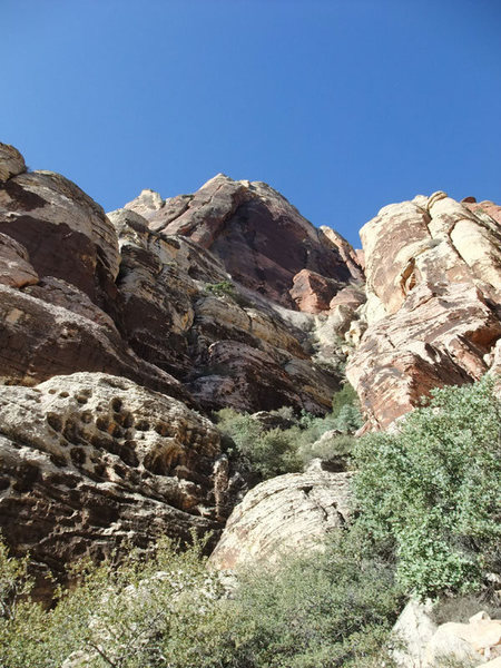 nearing the mossy slab (the prominent right-facing dihedral is The Warrior)