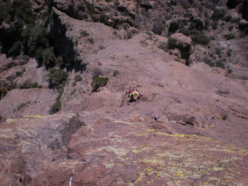 cindy on the crux pitch 3, just after the "tricky traverse left." great pitch!