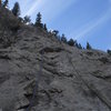 Looking up the final pitch of Morningside (5.7).  Bow Valley, Alberta.