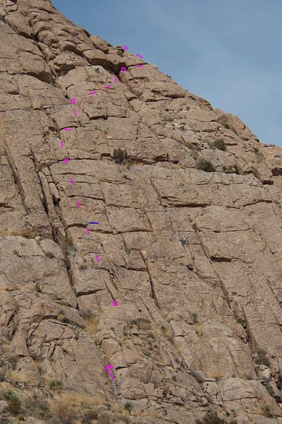 Show's the approach gully plus 1st, 3rd, 4th, and 5th gear anchors as we set them.  For someone leading at the grade, recommend setting the 2nd belay somewhere before the horizontal blue line; otherwise, there is some risk of a belay on a crummy gear anchor and stance within striking distance of a fall from the crux.