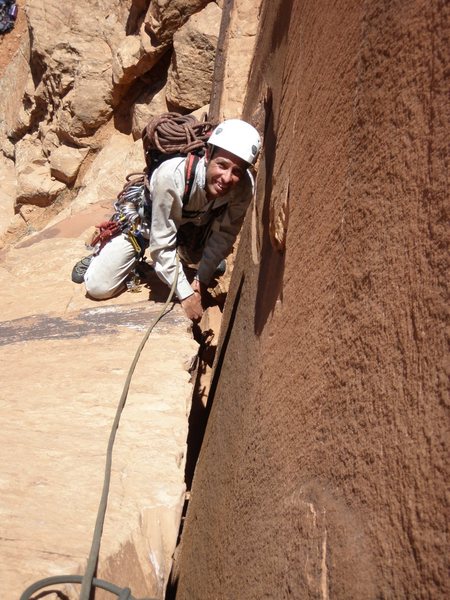 The wide section at the bottom. We climbed it in two pitches, which puts the belayer in the sun.