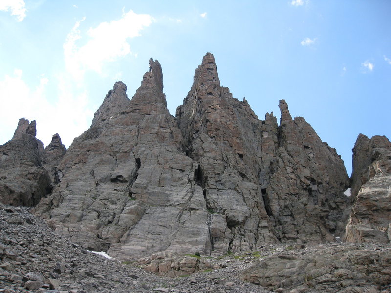 The Cathedral Spires in RMNP, left to right: Stiletto, Sharkstooth, Forbidden Tower, Petit Grepon, The Saber, The Foil, The Moon & The Jackknife.